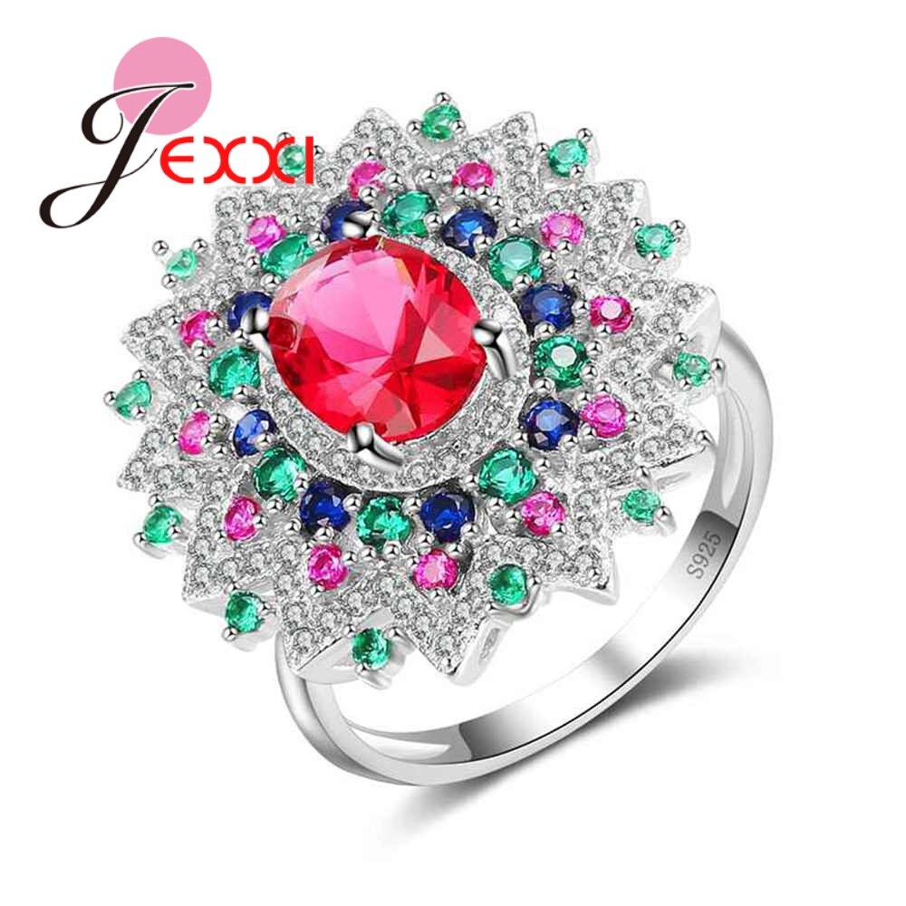 Mystery Kleurrijke Clear Zirconia Bloem Vinger Ringen 925 Sterling Zilveren Sieraden Voor Vrouwen Bridal Wedding