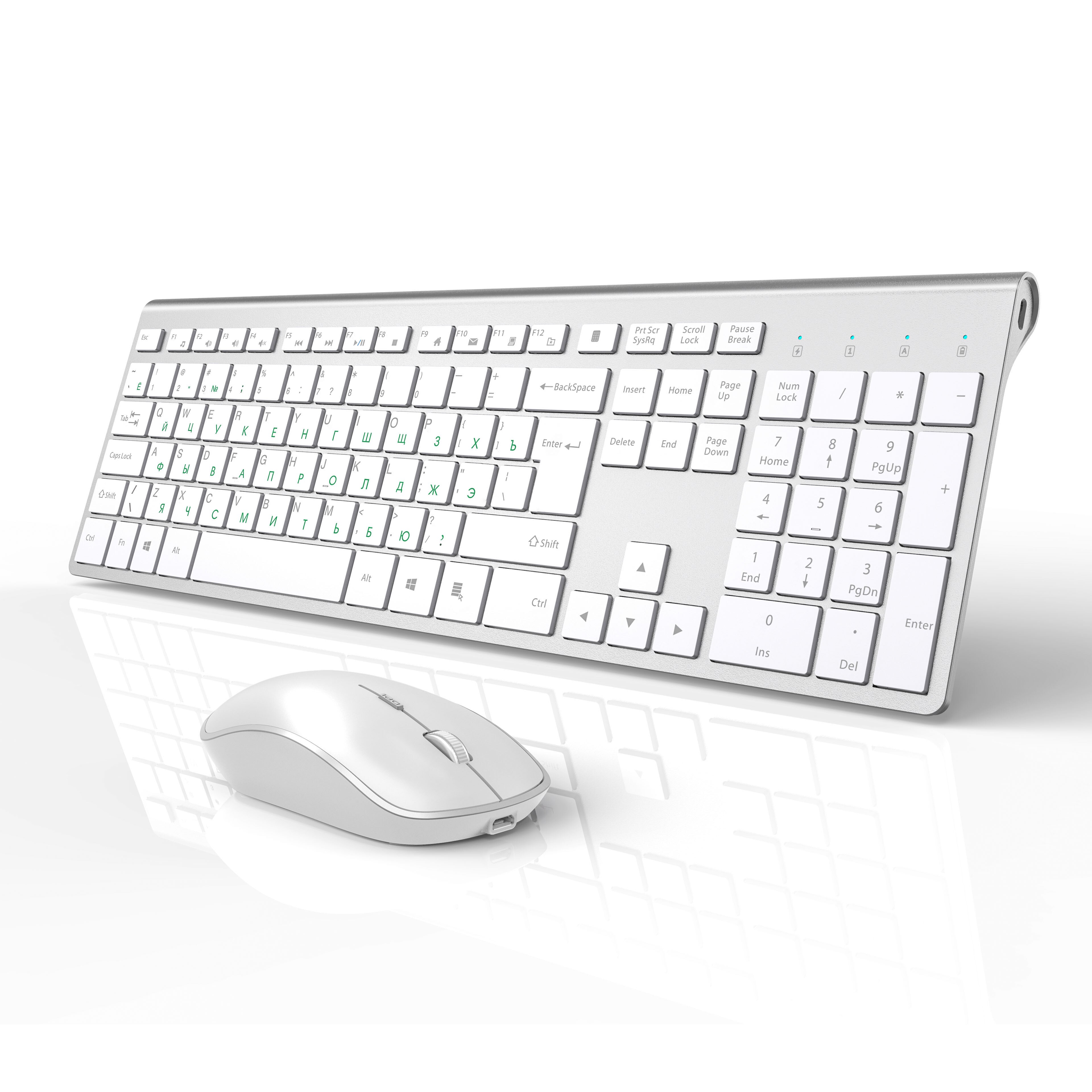 Wireless Keyboard and Mouse Set Russian layout USB Interface 2.4G Full Size Keyboard 108 Keys Mute Mouse For Apple Mini Windows: Silver