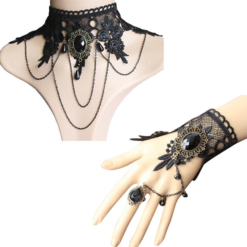 Boho Parure di Gioielli da Donna Vintage Gothic Orecchini Set di Halloween Dei Monili Delle Donne Set Collana Del Choker Del Merletto Anello della Mano Del Braccialetto Set: 3