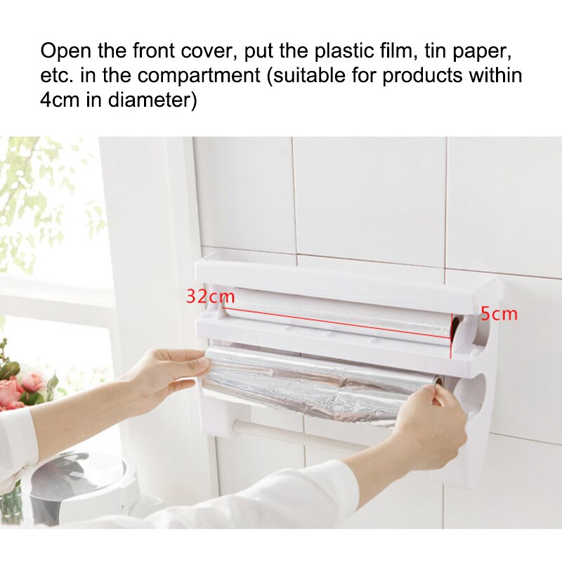 Étagère multifonction avec ruban adhésif double face, support de papier essuie-tout, coupe-film de conservation, outil distributeur