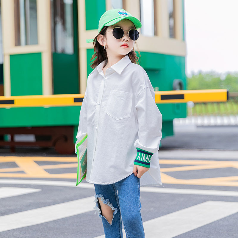 Crianças meninas camisa branca oversize adolescente legal manga longa topos 2021 primavera 6 8 10 12 14 16 meninas roupas casuais camisas de algodão