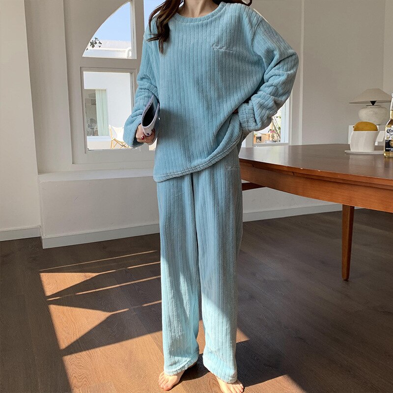 Winter Pyjamas Set Women's Flannel Pajamas Autumn and Warm Coral Bath Velvet Suit Badjas Female Sleepwear Robes Clothes: sky blue