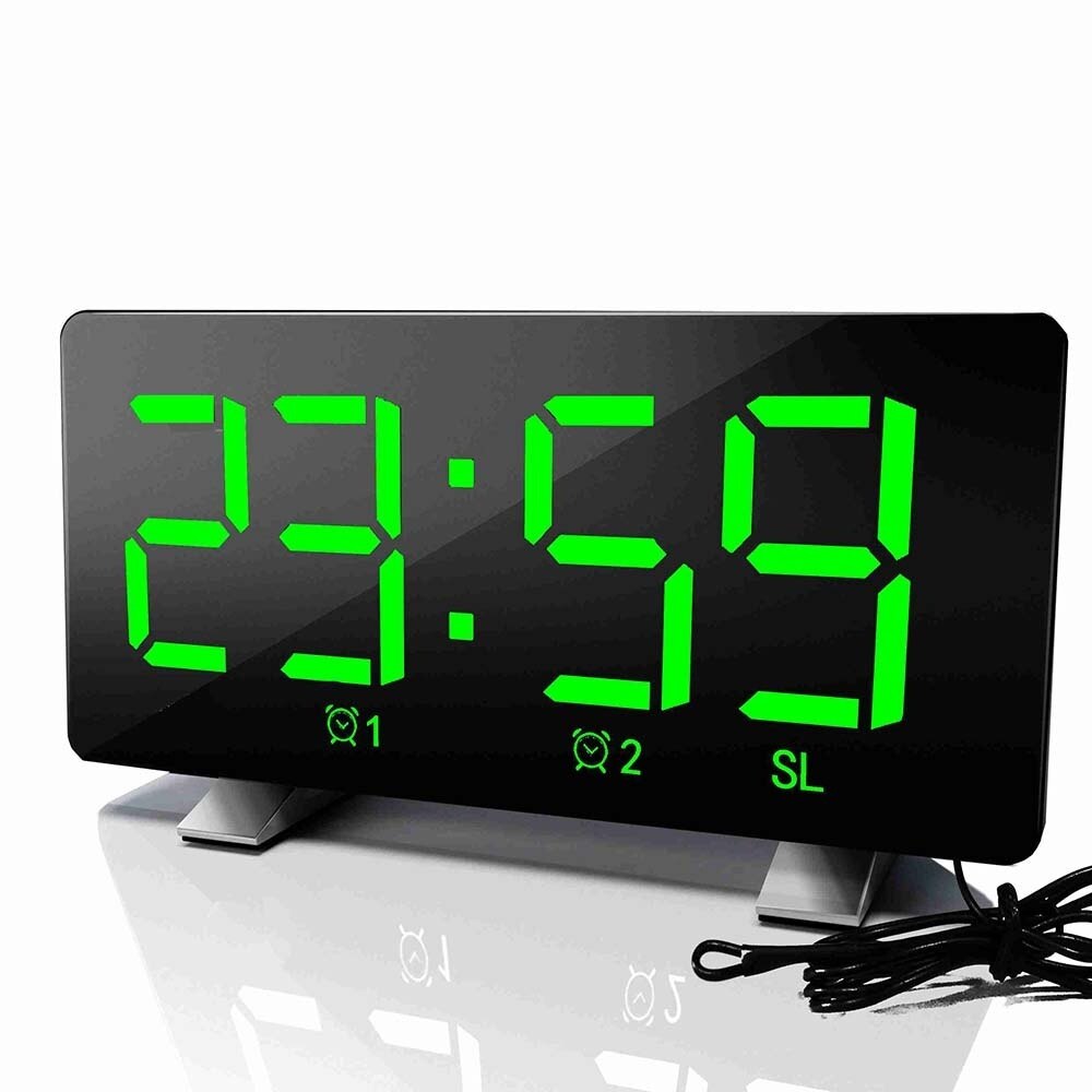 Réveil numérique miroir | Radio Led Fm, fonction de Snooze, grand affichage, éclairage réglable, Table, horloge, horloge de bureau: green
