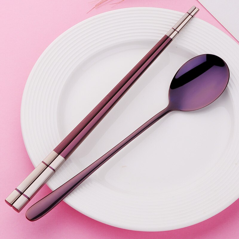 Hashi Silver 18/10 Stainless Steel Korean Chopstick and Spoon Set Dinnerware Black Dessert Spoon Long Handle Chop Sticks Set: Purple