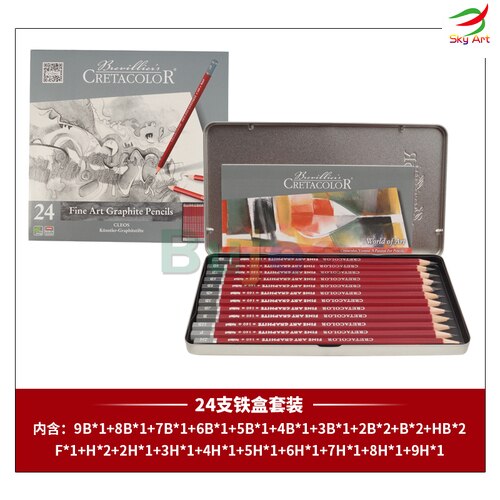 Cretacolor Cleos Fine Art Graphite Pencils 9B 8B 7B 6B 5B 4B 3B 2B B HB F 2H NIB, hexagonal barrel ,Traditional hard cedar wood: 24 pcs