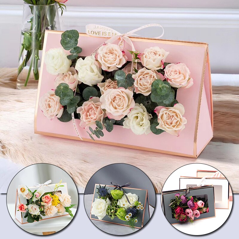 Kraft Paper Flower Box Hollow Window Hand-held Box Flower Arrangement Bag Foldable Flower Packing Box Flower Bag Box