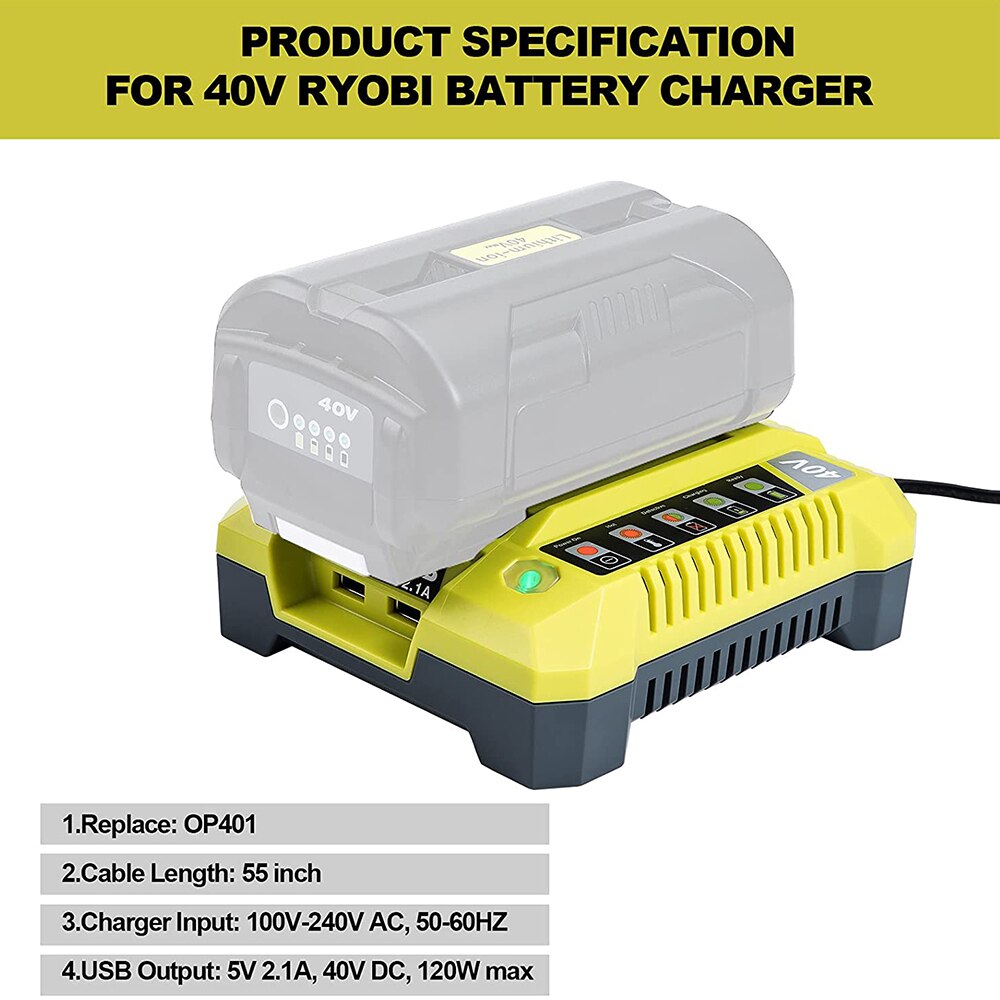 OP401 Lithium-Ion Battery Charger for Ryobi 40V Li-ion Battery OP4050A OP4015 OP4026 OP4030 OP4040 OP4050 OP400A OP403A ZROP401
