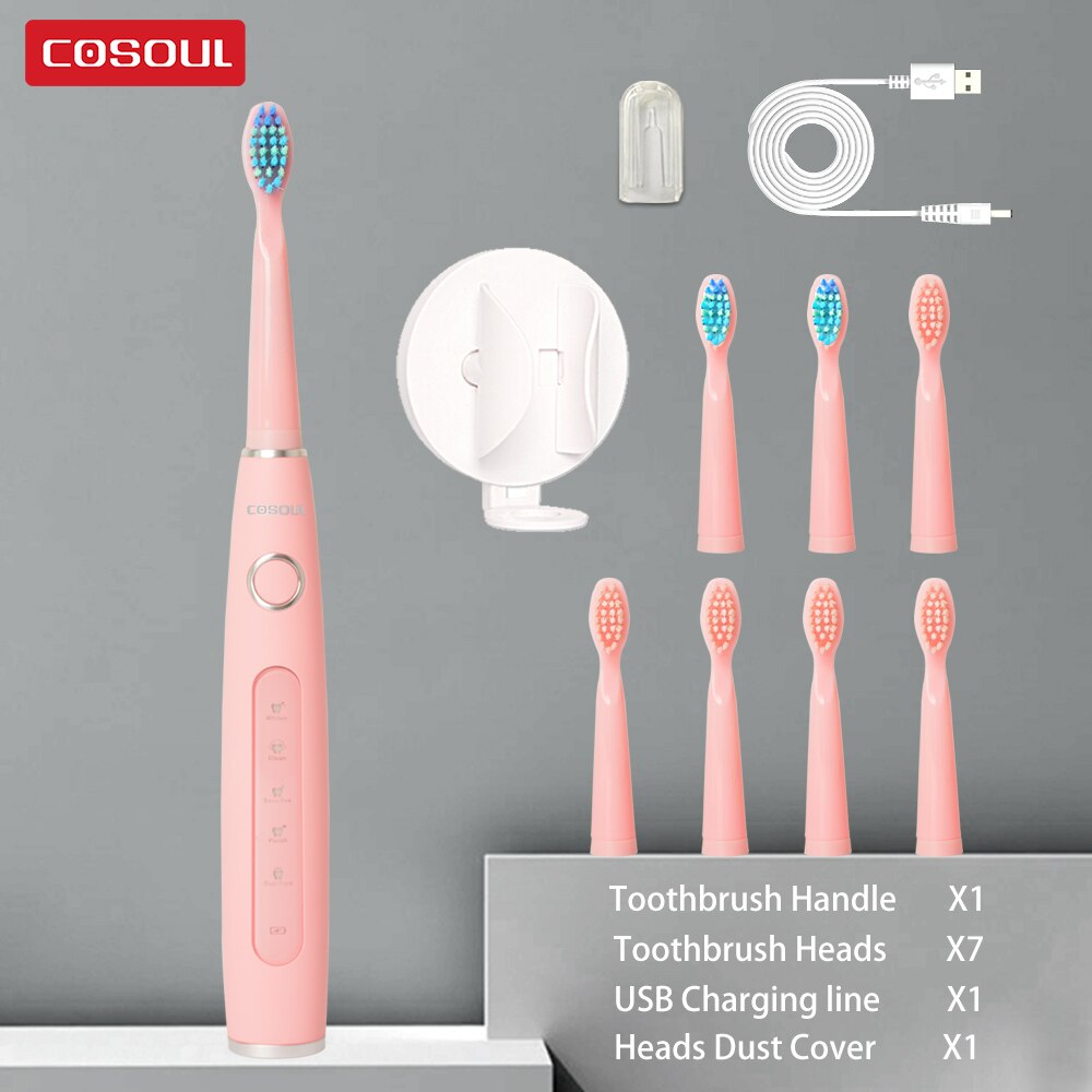 COSOUL-cepillo de dientes eléctrico para hombre y mujer, cepillo dental sónico para limpieza, blanqueador, 5 modos, recargable 40000 veces/min, automático, impermeable: Pink5Heads1Holder