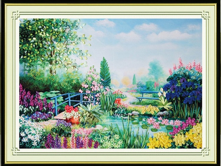 3D Flower garden Ribbon embroidery spring europe painting set big handcraft cross-stitch DIY handmade needlework wall art decor