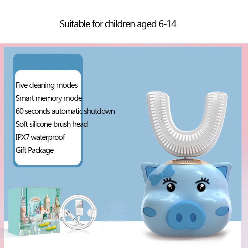 U Shape Smart 360 Angle Cartoon Teeth Cleaner Electric Toothbrush for Kids 2-6Y Teether Automatic Ultrasonic Teether Waterproof: blue pig 6-14 years