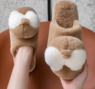 Cotton slippers ladies cute Corgi butt plush warm anti-slip couple indoor thick-soled household cartoon men in winter: Khaki / 44-45