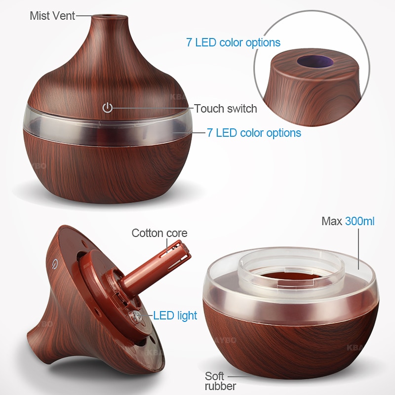 USB 300ml aromatic air humidifier aromatic wood grain 7 color LED lamp electric essential oil diffuser