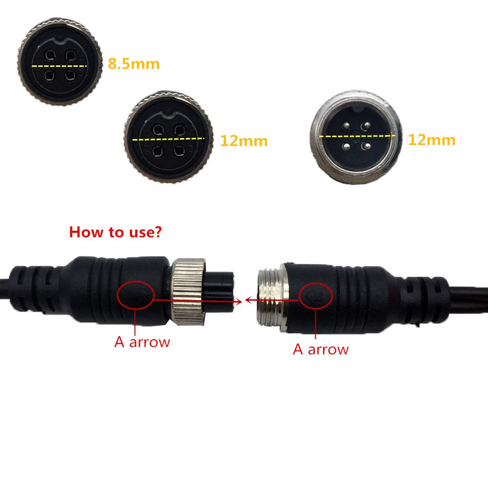 (2 pcs Pack) M12 Adapter 4 Pin Female Aviation Plug to RCA AV + DC Male Extension Cable for Car Camera