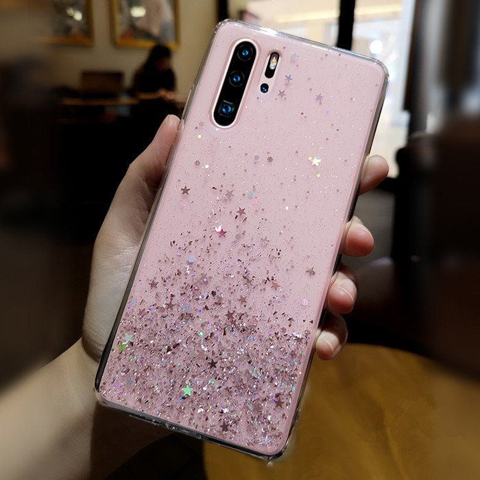 Bling Glitter Case for Huawei P20 Lite P30 Silicon Crystal Sequins Soft Cover for Huawei P30 Lite P20 Pro Transparent Phone Case: For P30 / Pink