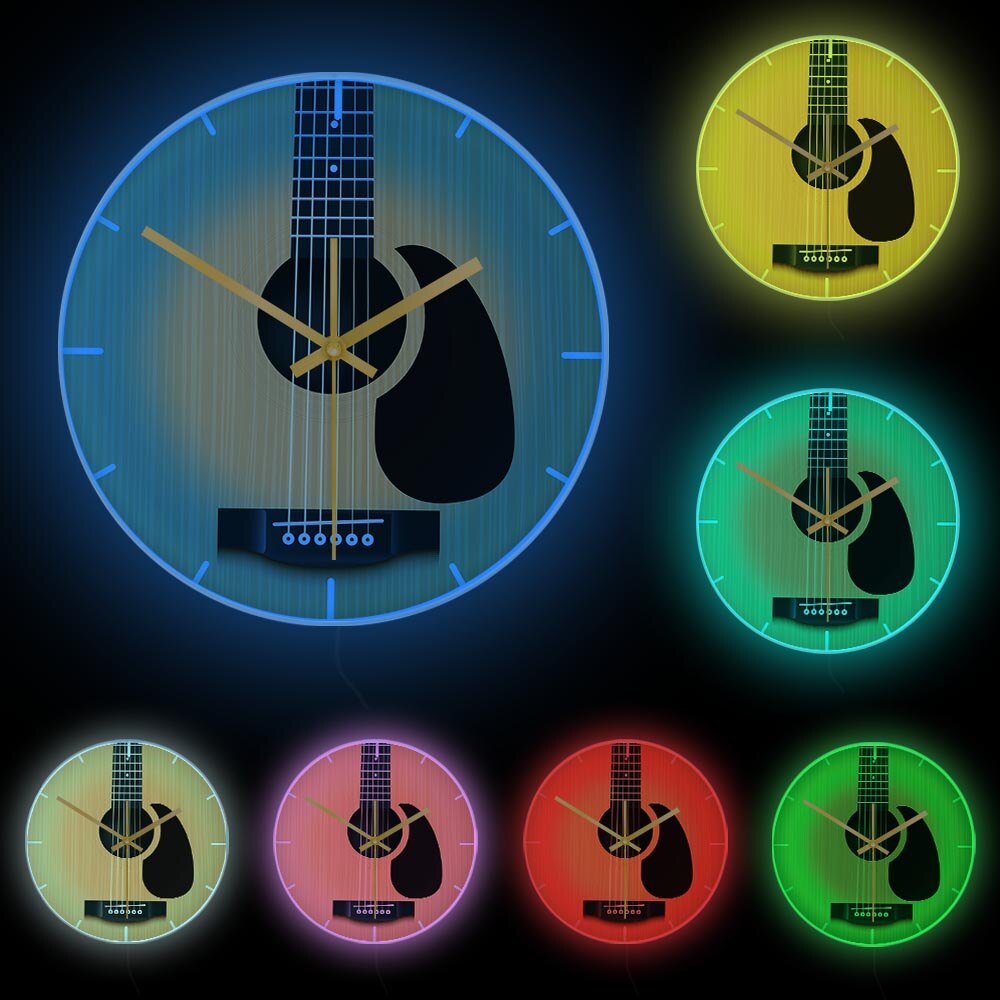 Akustische Gitarre Dekorative Wanduhr Musik Instrument Minimalistischen Wohnkultur Stille Zauberstab Uhr Musiker Studio Gitarrist: Weiß Rahmen mit LED