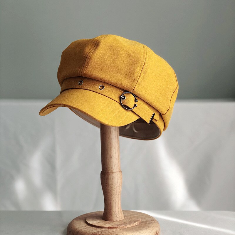 Hat Women Octagonal Cap Beret Striped Retro French Artist Hat Painter Octagonal Hats Black Brown Casual Caps: Yellow
