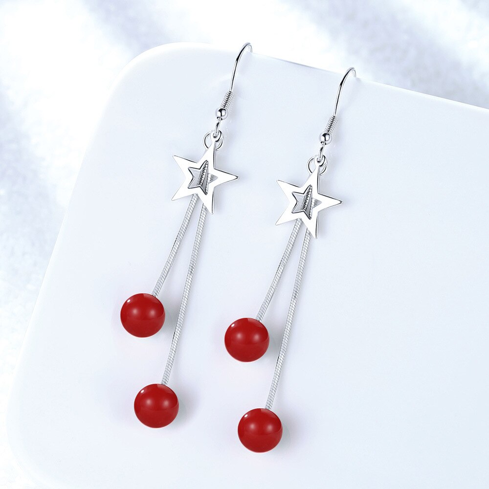 Star Pentagram Long Tassels Red Round Ball 925 Sterling Silver Earrings For Women Luxury Dangling Earrings Jewelry