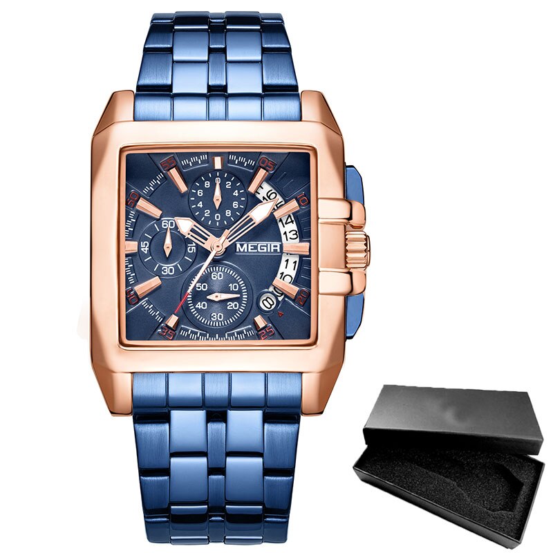 Megir Heren Horloge Top Roestvrij Staal Waterdichte Lichtgevende Quartz Horloge Mannen Mode Chronograaf Heren Sport horloge: MS2018G-Rose-Blue