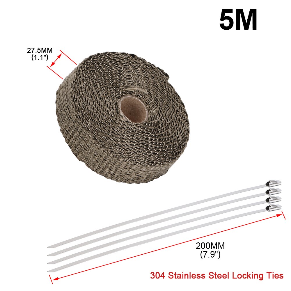 5M/10M/15M Motorcycle Exhaust Thermal Tape Header Heat Wrap Manifold Insulation Roll Resistant with Stainless Ties: 2.5cm 5M Titanium