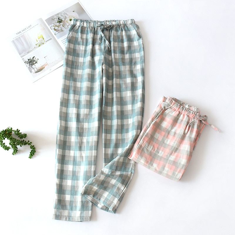 Pantalones de pijama a cuadros para mujer, cómodos, casuales, con cintura elástica, pantalones largos, holgados, con bolsillos, A02_Marrón, Pequeña