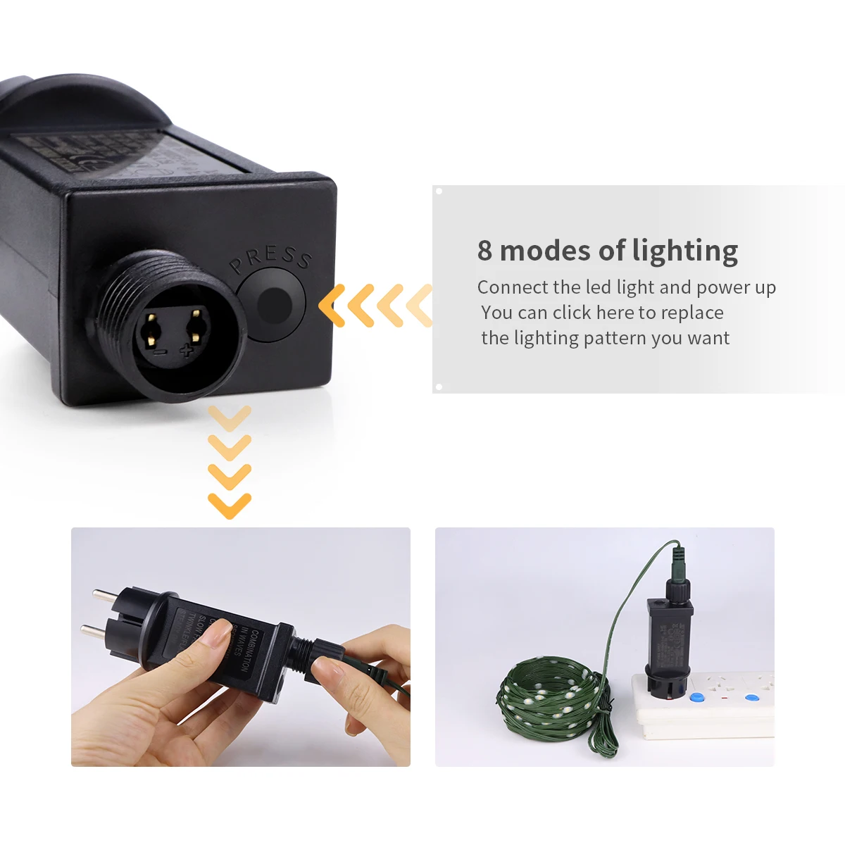 8 standen voor led-lichtsnoeren van leer voor buiten: sprankelende verlichting met een 1200 mah-batterij, zonnepaneel of netstroom, ideaal voor kerstfeestdecoratie.