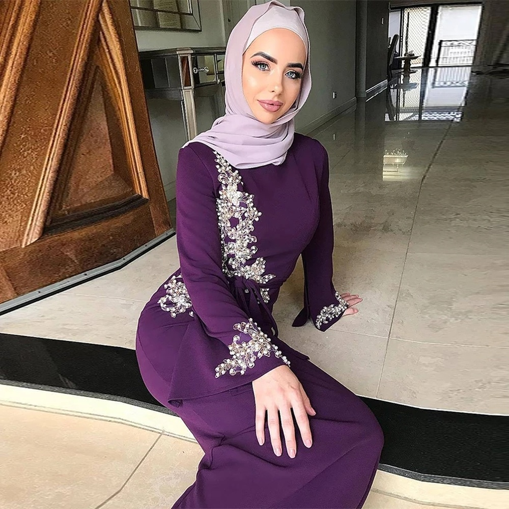 Abaya-Robe musulmane en dentelle perlée pour femme, caftan de Dubaï et de Turquie, vêtements islamiques, 2023: XXXL / Violet