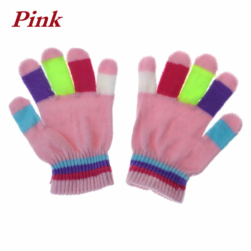 1 par børnehandsker fuldfinger varm vinter børn farverige stribe strikkede drenge piger solid handske flerfarvet elastik: Lyserød