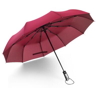 10 Botten volautomatische 3 Vouwen Zakelijke Paraplu Dual-purpose Winddicht Versterking Zwarte Coating Parasol: Rood