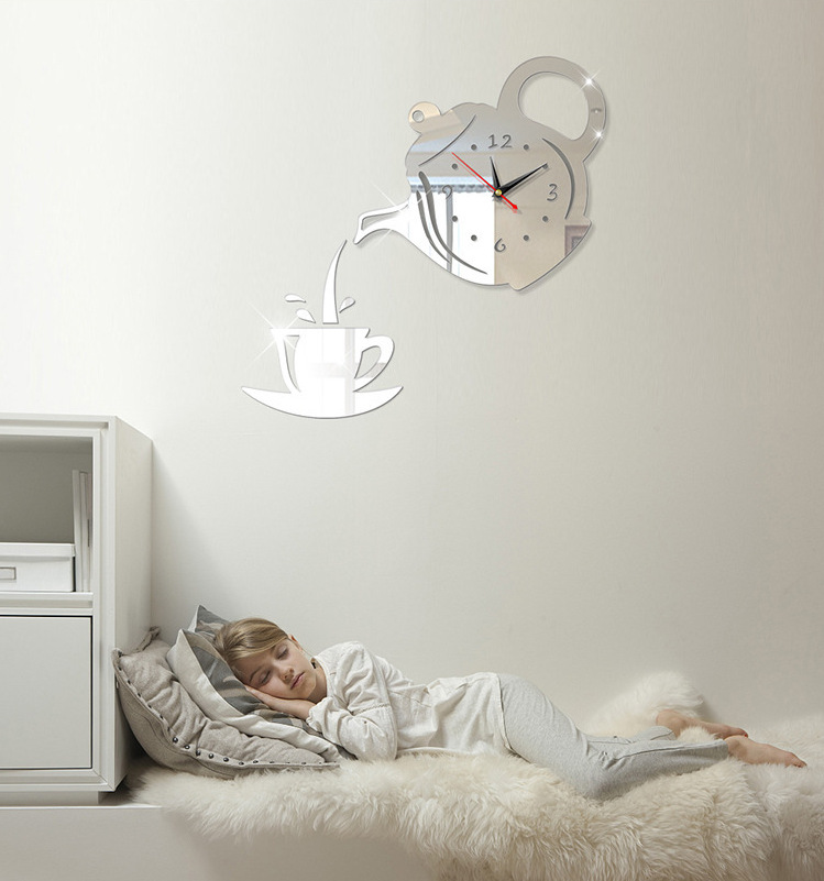 Thuis wonen koffiekopje acryl spiegel wanddecoratie stickers klok diy theepot wandklok horloge decoratie cms 02