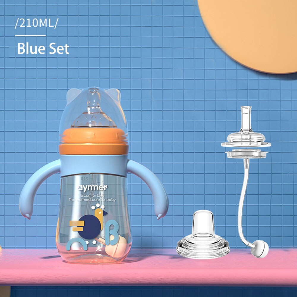 Biberon anti-fuite sans BPA pour bébé, gros calibre, bec de canard, eau, lait, PPSU, avec paille en Silicone: Blue Set 210ml