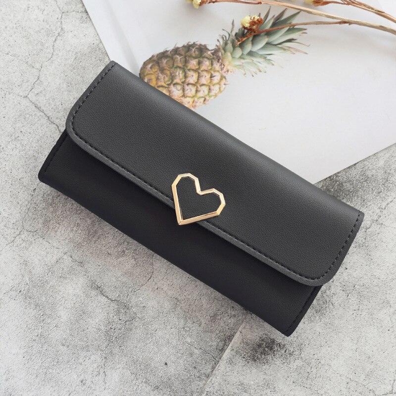 Cute PU Leather Purse Heart-shaped Decoration Long Multi-card Wallet Purse Buckle Clutch Mobile Phone Student Women's Wallet: Dark Grey