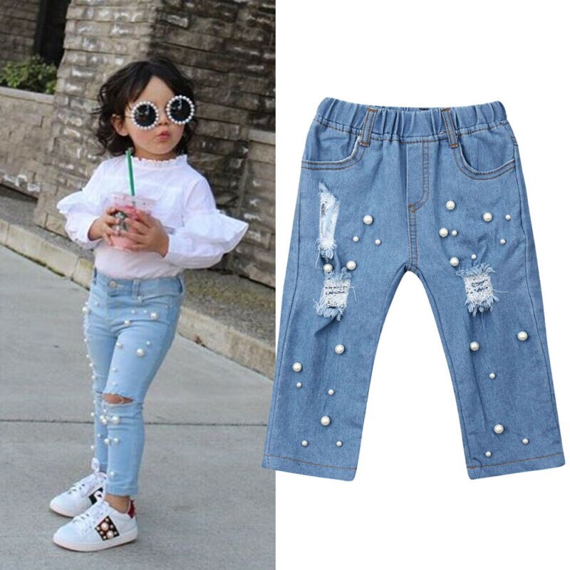 Meninas doces Do Bebê Contas Buraco Caber Jeans Verão Casual Desfiado Buraco Calça Jeans buraco azul Denim Calças Casuais ElasticTrousers