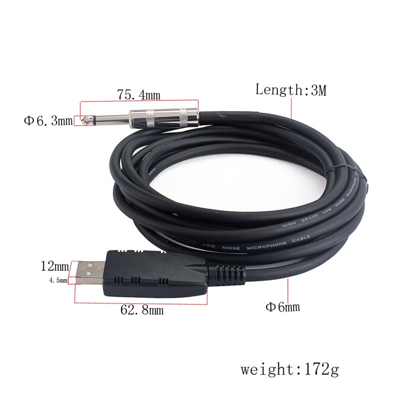 10FT USB Guitar Cable to 1/4 Inch TS Mono Jack Connector Cord,Adapter for Instruments Recording Singing