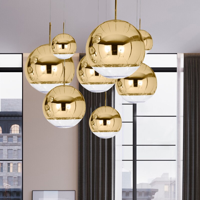 Moderne sølv spejl kugle pendel globe glas led  e27 boligindretning stue soveværelse villa luksus hængende lysarmaturer
