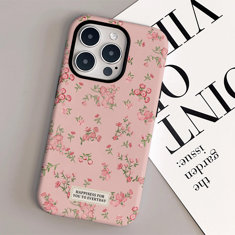 Pink Flowers Phone Case for IPHONE 16 15PRO MAX 14 13 12 11 Plus Acrylic TPU Two in One Mobile Phone Cover Cases: black / iPhone 12 mini