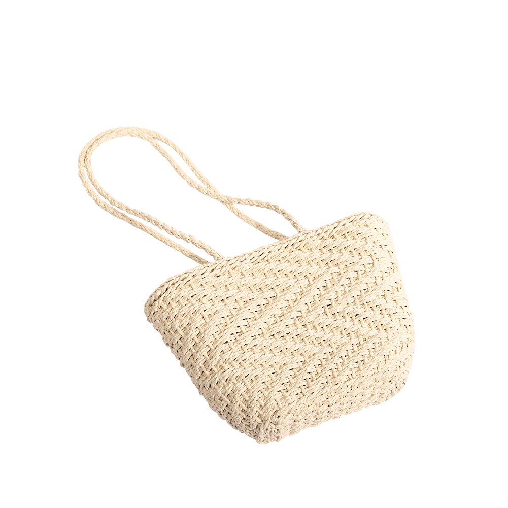 Vintage Straw Shoulder Weaving Bucket Beach Bag Women Woven Rattan Small Beach Summer Bucket Totes Handbags: Beige