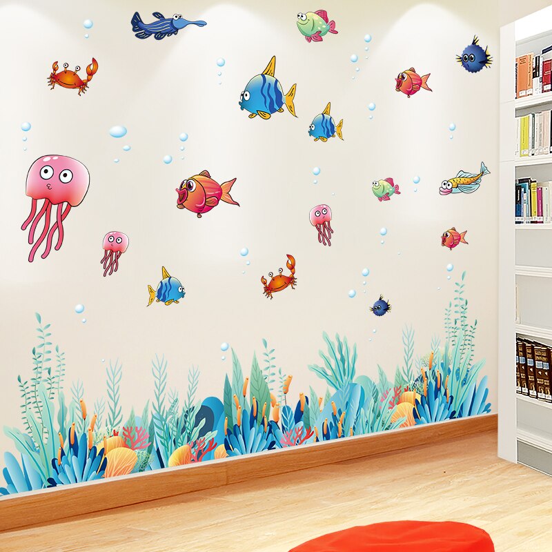 [Shijuekongjian] pegatinas de pared de peces de dibujos animados DIY, calcomanías de Mural de plantas de algas marinas para habitación de niños, dormitorio de bebé, decoración de casa de baño