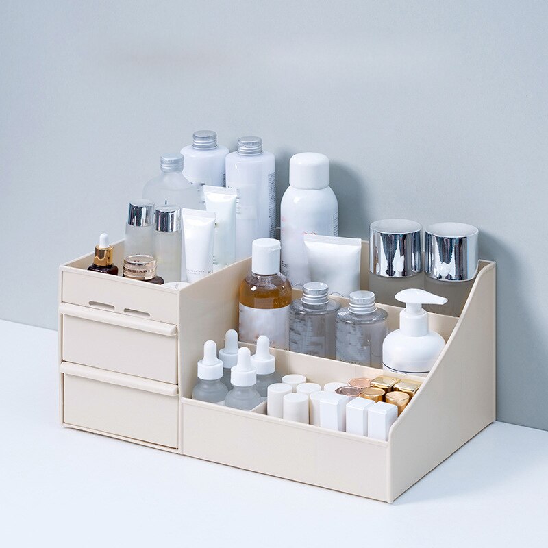 Stor kapacitet kosmetisk opbevaringsboks makeup skuffe arrangør smykker neglelak makeup container desktop diverse opbevaringsboks: Khaki / 28 x 17 x 13cm