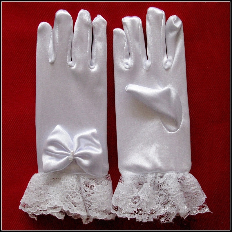Hvide børn blonder satin fuld finger korte handsker til blonder perle pige børn fest kjole handsker