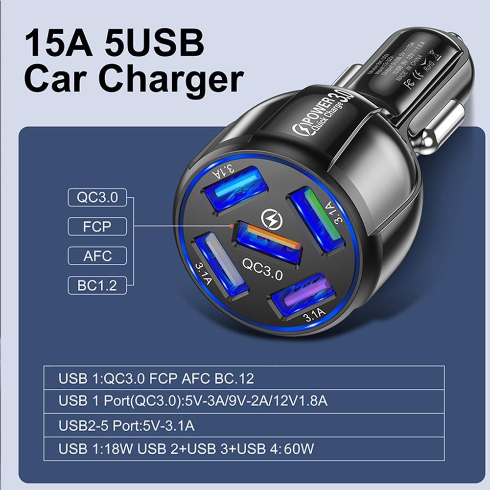 15A 5 Ports USB Car Charge Mini LED Fast Charging For iPhone 12 Xiaomi Huawei Mobile Phone Charger Adapter in Car Tablet