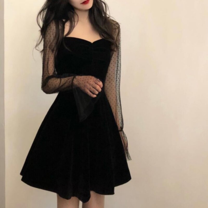 Dress Women Long Sleeve Mesh Transparent Low-cut Leisure Womens Party Dresses Mini Korean Style Loose Patchwork