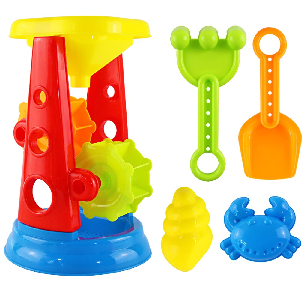 Kids Beach Sand Toy Set (5Pcs/Set) with Water Wheel, Shovel, Rake, Molds (Random Color)