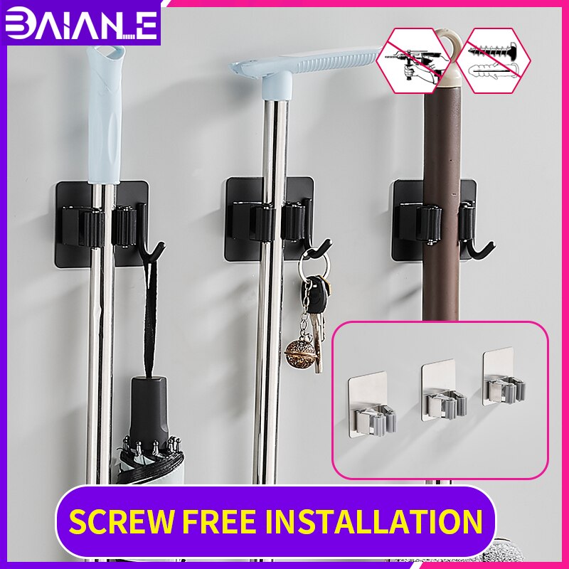 Salon balai et serpillère support inox robe crochets installation sans vis noir salle de bain étagères parapluie étagère de rangement