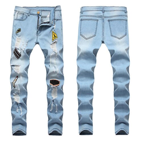 Vaqueros ajustados rasgados para hombre, Vaqueros largos rasgados, deshilachados,