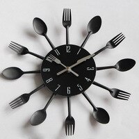 2020New Clock Watch Wall Clocks Cutlery Metal Kitchen Wall Clock Spoon Fork 3D Removable Quartz Wall Mounted Clocks: Black