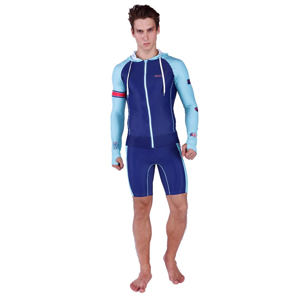 SABOLAY Mannen elasticiteit Rash Guard Pak UV Bescherming Lange Mouwen hooded Windsurf Surfen Tops Korte broek Swimwear