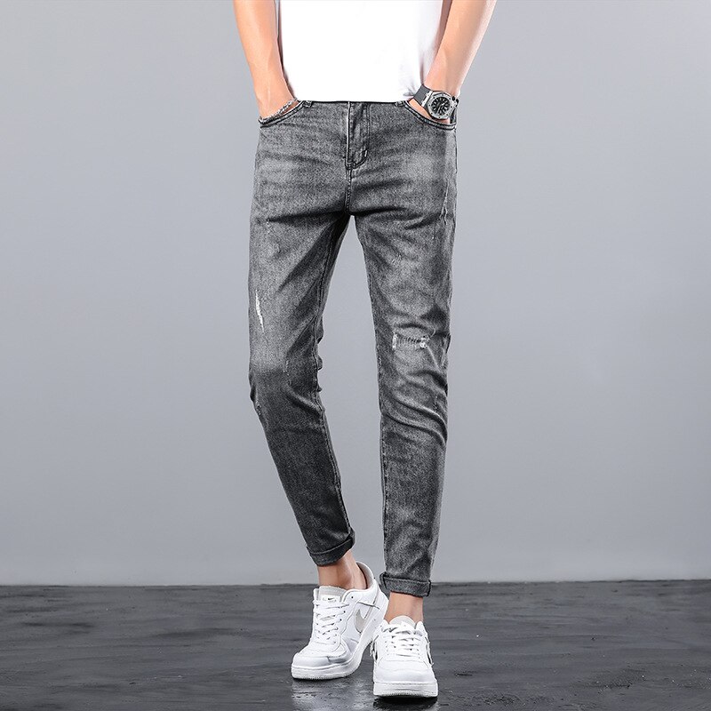 Men's Stretch Regular Harajuku Fit Jeans Black gray Casual Classic Style Denim Trousers thin Male Nine points Pants