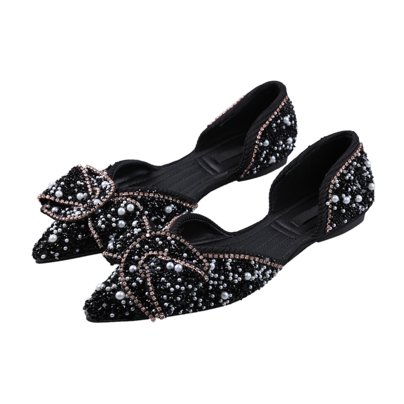 SLHJC-sandales plates en perles à bout pointu pour femme, sandales printemps-été, sans lacet décontracté, talon plat pailleté, mocassins peu profonds