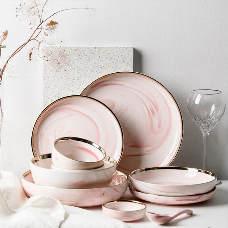 Prato de jantar de mármore rosa conjunto de utensílios de cozinha de cerâmica conjunto de pratos de comida salada de arroz macarrão tigela sopa cozinha entrega gratuita
