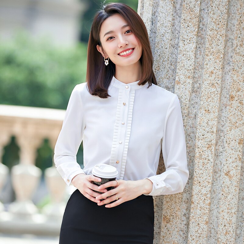 ZH Elegant Women Office Lady Formal Button Down Blusas Shirt Long Sleeve White Tops Blouse 2019